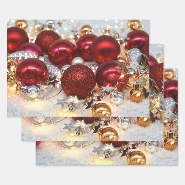 Christmas Red & Silver Decor Balls Wrapping Paper Sheets (Set)