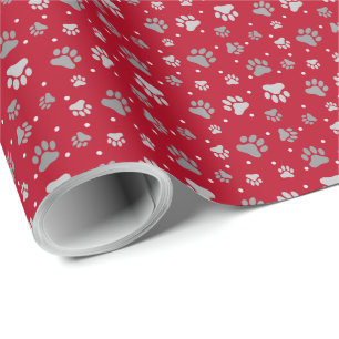 Christmas Red & Silver Paw Prints Wrapping Paper