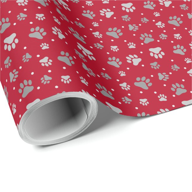 Christmas Red & Silver Paw Prints Wrapping Paper (Roll Corner)