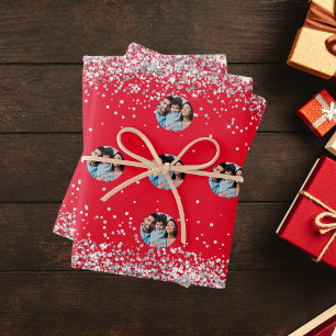 Christmas red silver photo confetti wrapping paper sheets