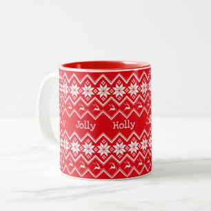 Christmas Red Snowflake and Deer Pattern Two-Tone Coffee Mug