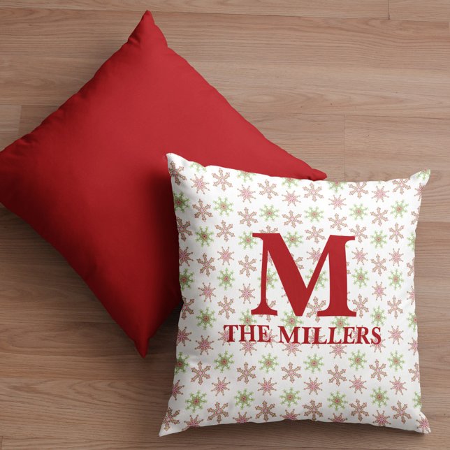 Christmas Red Snowflake Monogram Personalized Throw Pillow (Christmas red and green colorful snowflake pattern monogram pillow)