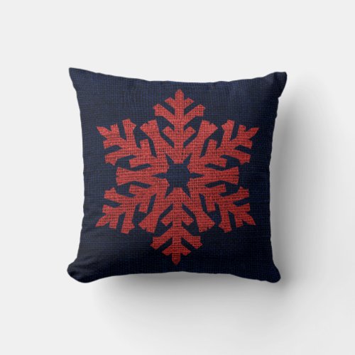 Christmas Red Snowflake on Dark Blue Burlap Throw Pillow