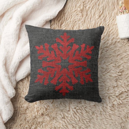 Christmas Red Snowflake on Dark Gray Burlap Throw Pillow