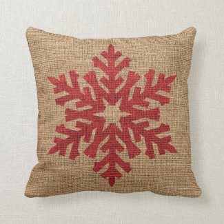 Christmas Red Snowflake on Tan Burlap Throw Pillow