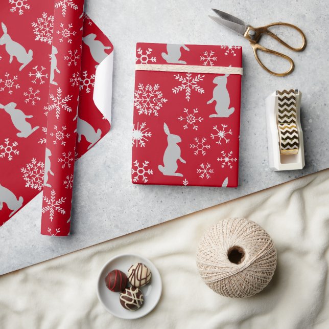 Christmas Red Snowflakes and Bunnies Wrapping Paper (Crafts)