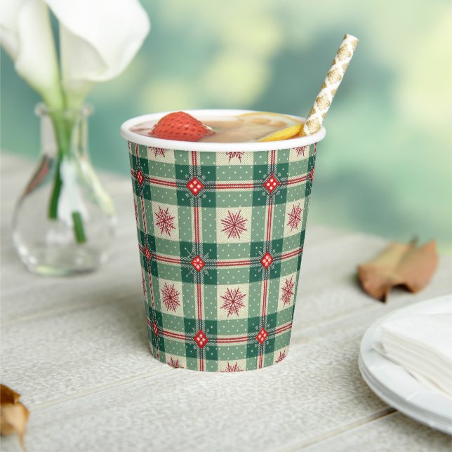 Christmas Red Snowflakes Green Checks Pattern Paper Cups (Insitu)