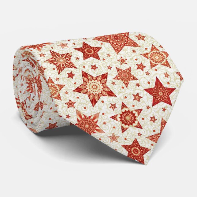 Christmas Red Stars with Damask Pattern Neck Tie (Rolled)