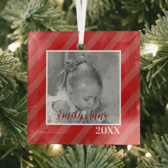 Christmas Red Striped Holiday Whimsical Photo Glass Ornament (Insitu)