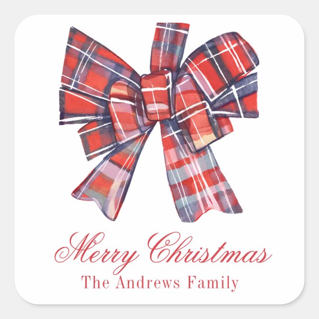 Christmas Red Tartan Plaid Bow Enclosure Square Sticker (Front)