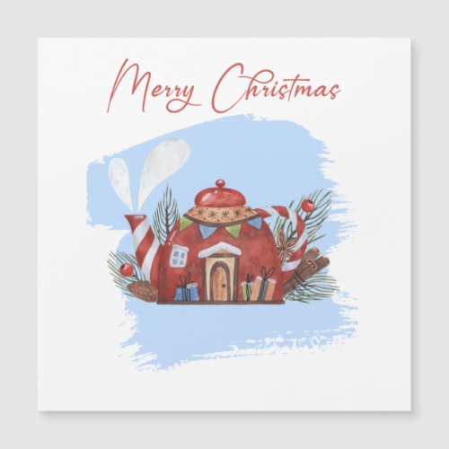 Christmas Red Tea Pot House Magnetic Card