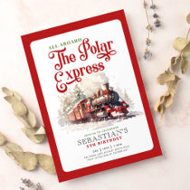 Christmas red train the polar express birthday invitation