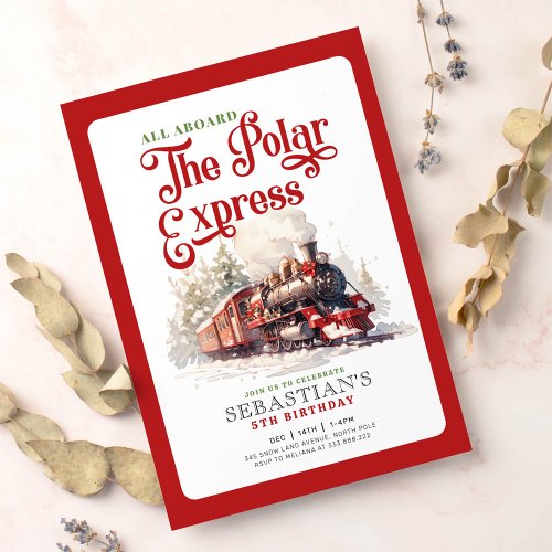 Christmas red train the polar express birthday invitation