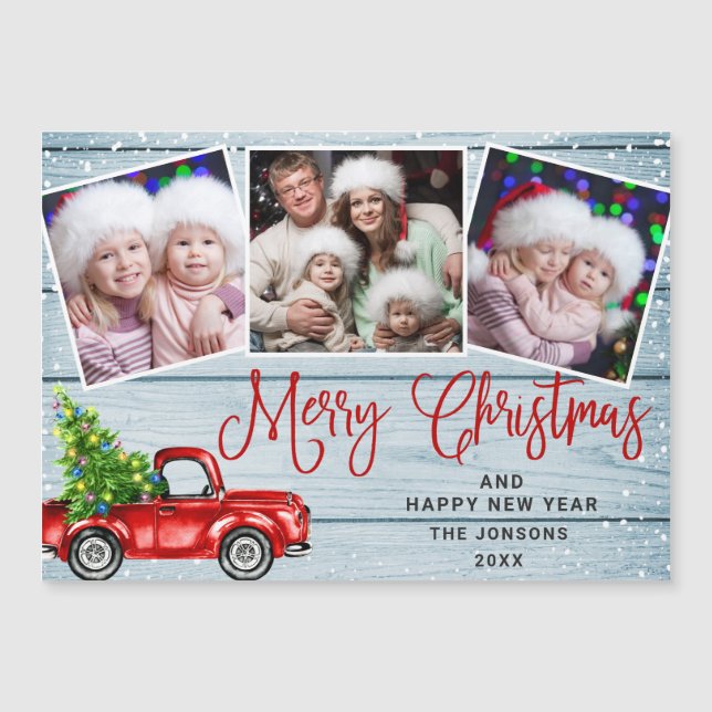 Christmas Red Truck 3 Photo Holiday Magnetic Card (Front)