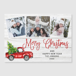 Christmas Red Truck 3 Photo Holiday Magnetic Card