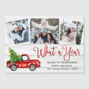 Christmas Red Truck 3 Photo Holiday Magnetic Card