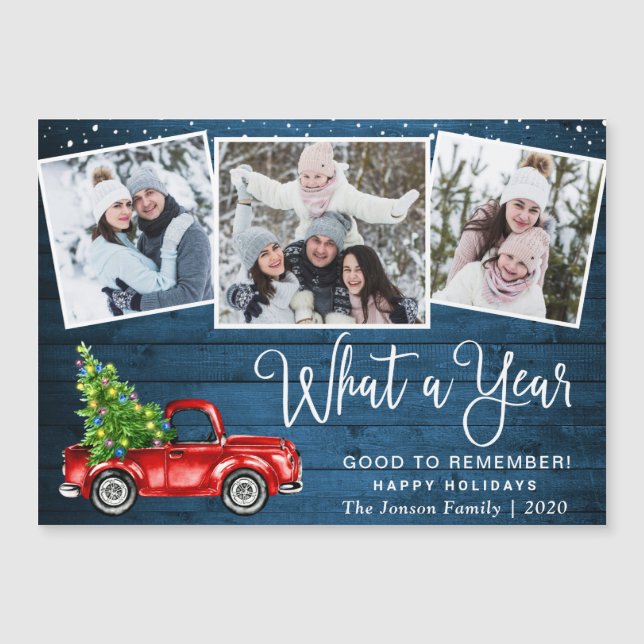 Christmas Red Truck 3 Photo Holiday Magnetic Card (Front)