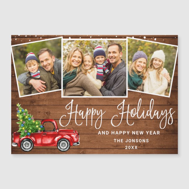 Christmas Red Truck 3 Photo Holiday Magnetic Card (Front)