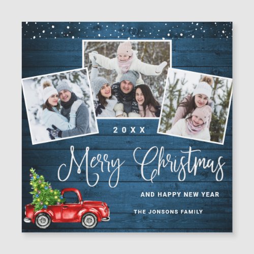Christmas Red Truck 3 Photo Holiday Magnetic Card