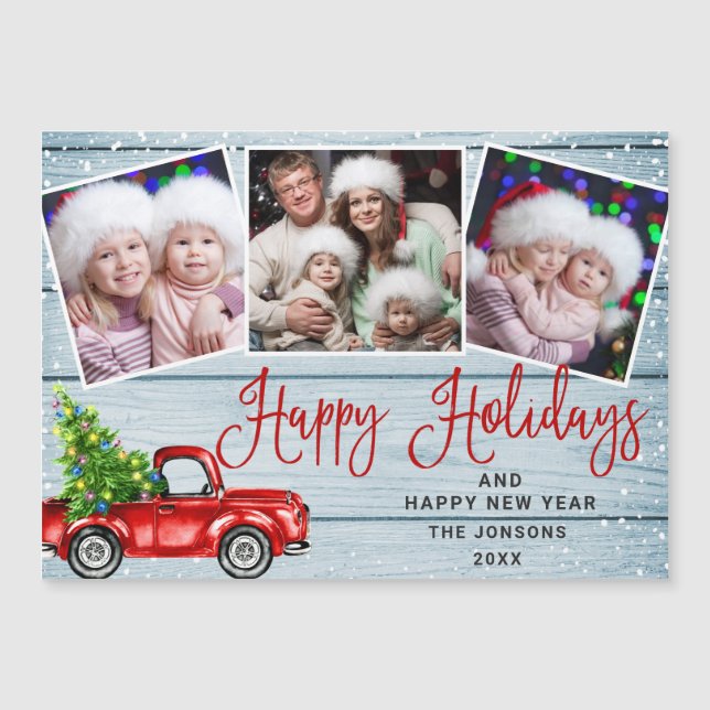 Christmas Red Truck 3 Photo Holiday Magnetic Card (Front)