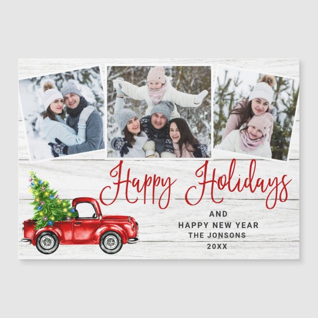 Christmas Red Truck 3 Photo Holiday Magnetic Card (Front)