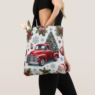 Christmas Red Truck and Santa Pattern Tote Bag