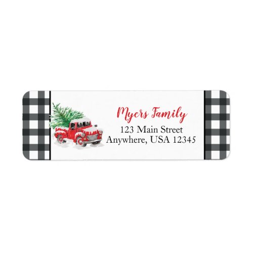 Christmas red truck black buffalo plaid label