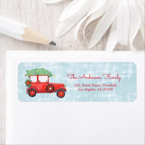 Christmas Red Truck Blue Winter Holiday Label