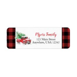 Christmas red truck buffalo plaid label