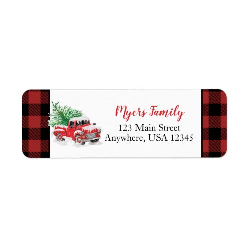 Christmas red truck buffalo plaid label