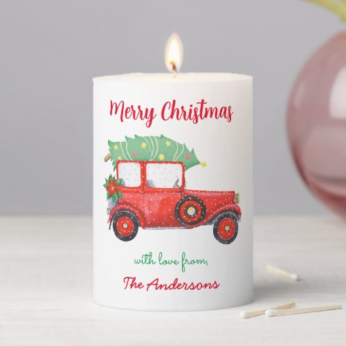 Christmas Red Truck Car Holiday Pillar Candle