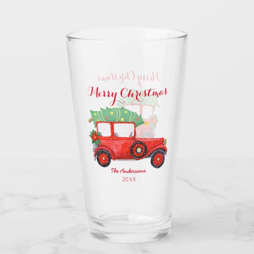 Christmas Red Truck Car Holidays Glass Cup