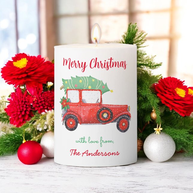 Christmas Red Truck Car White Festive Pillar Candle (Creator Uploaded)