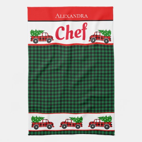 Christmas Red Truck Chef Green Buffalo Plaid  Apro Kitchen Towel