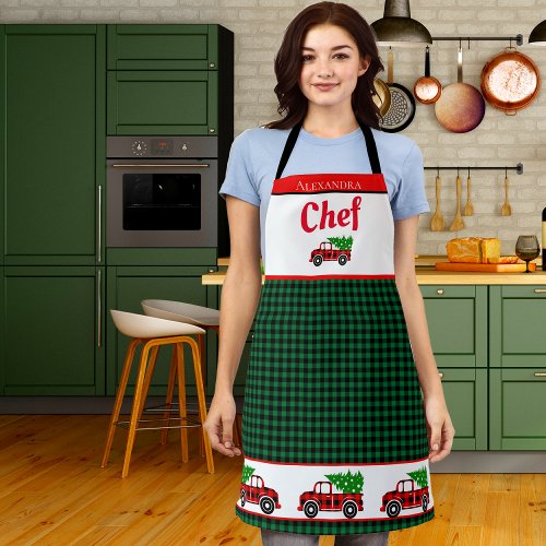 Christmas Red Truck Chef Green Buffalo Plaid  Apron