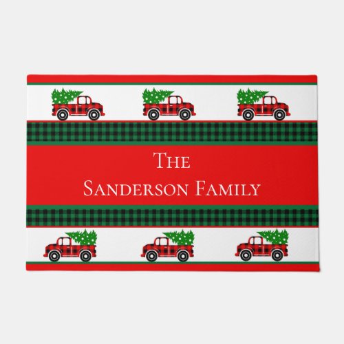 Christmas Red Truck Chef Green Buffalo Plaid Doormat