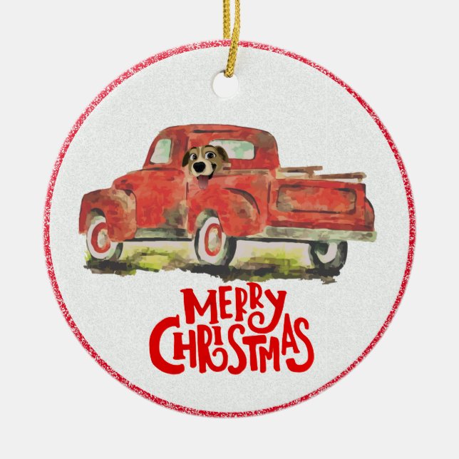 Christmas Red Truck Dog Photo Ceramic Ornament (Front)