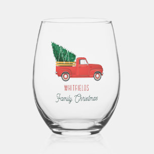 Christmas Red Truck Family Holiday Custom Stemless Wine Glass