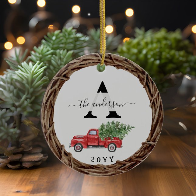 Christmas Red Truck Family Monogram with Photo  Ceramic Ornament (Christmas Red Truck Family Monogram with Photo Ceramic Ornament)