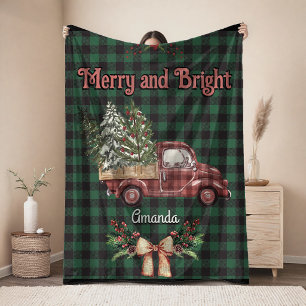 Christmas red truck green baffalo plaid monogram fleece blanket