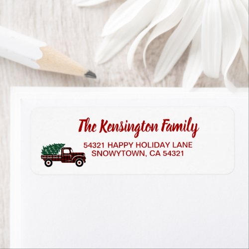 Christmas Red Truck Green Plaid Tree Holiday Label