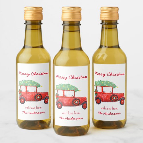 Christmas Red Truck Green Tree Holiday    Wine Label