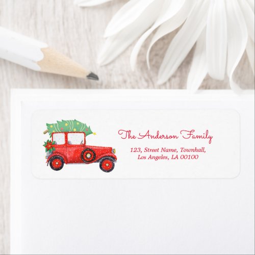 Christmas Red Truck Green Xmas Tree Label