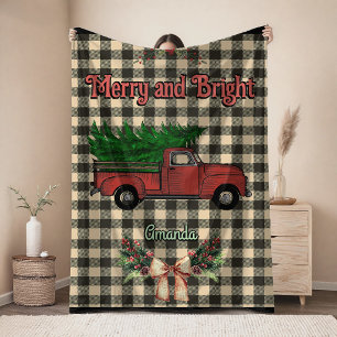 Christmas red truck grey baffalo plaid monogram fleece blanket