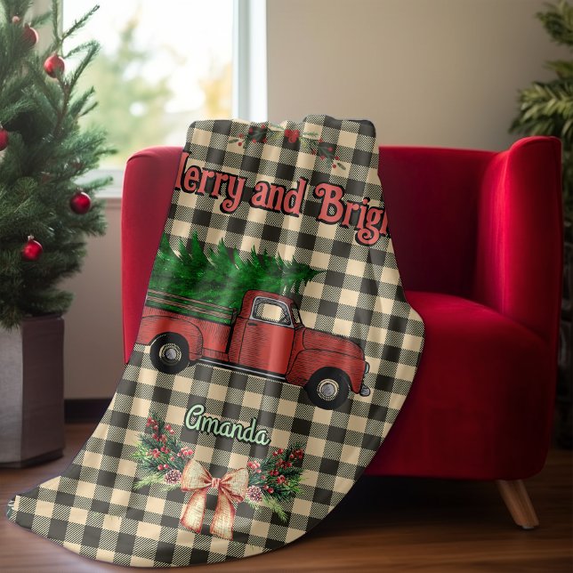Christmas red truck grey baffalo plaid monogram fleece blanket (Creator Uploaded)