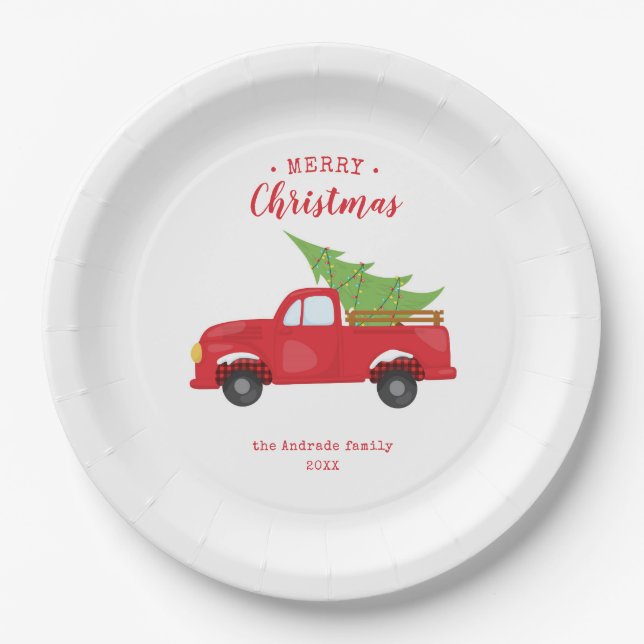Christmas Red Truck Holiday Dinner Party Farmhouse Paper Plates (Front)