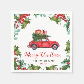 Christmas Red Truck Holly Berry Wreath Watercolor Napkins