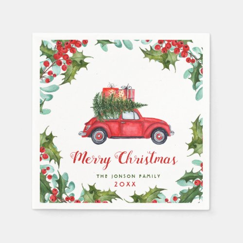 Christmas Red Truck Holly Berry Wreath Watercolor Napkins