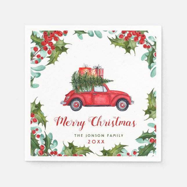 Christmas Red Truck Holly Berry Wreath Watercolor Napkins (Front)