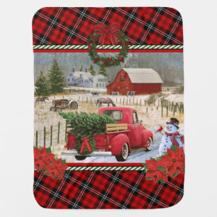 christmas red truck on horse farm painting baby blanket